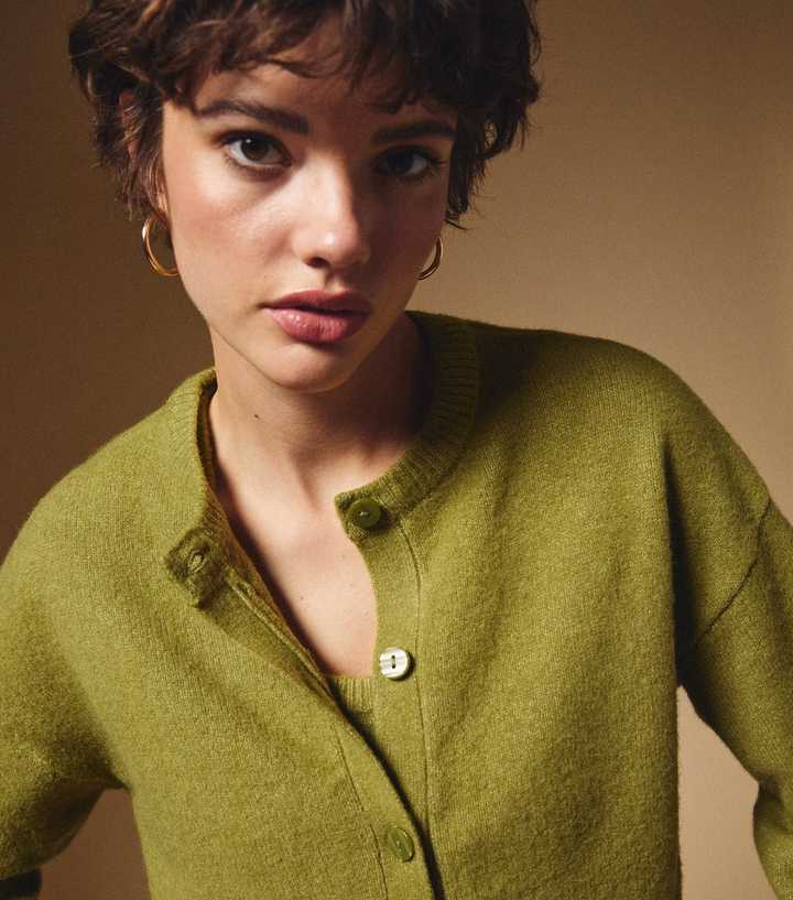 Green Crew Neck Knit Cardigan
