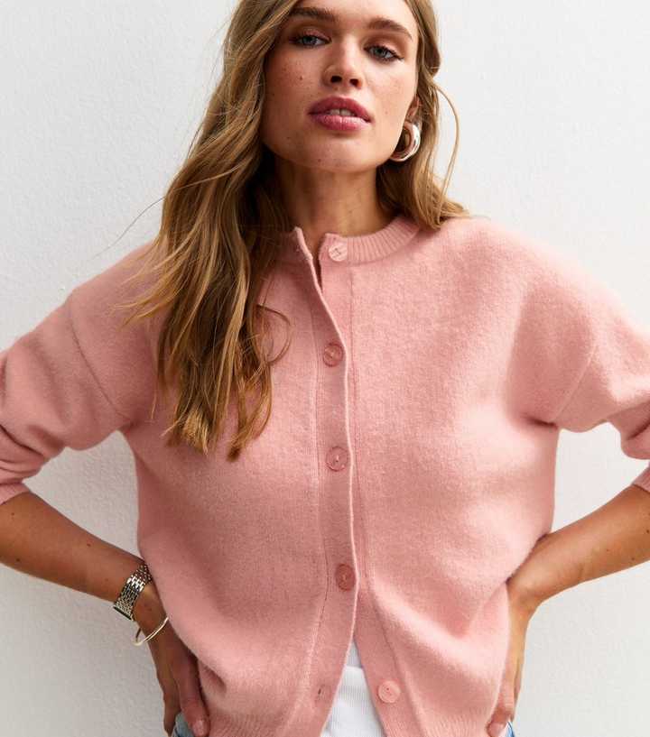 Pink Crew Neck Knit Cardigan