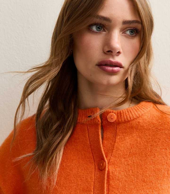 Bright Orange Crew Neck Knit Cardigan