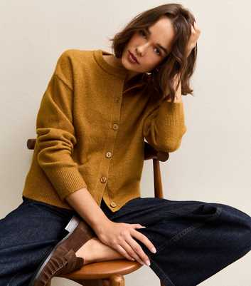Dark Yellow Crew Neck Knit Cardigan