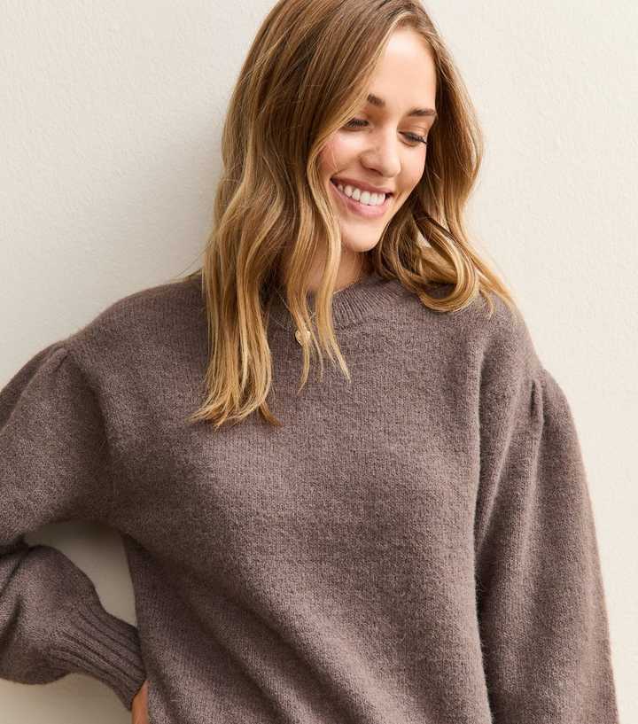 Dark Mink Puff Sleeve Crew Neck Jumper