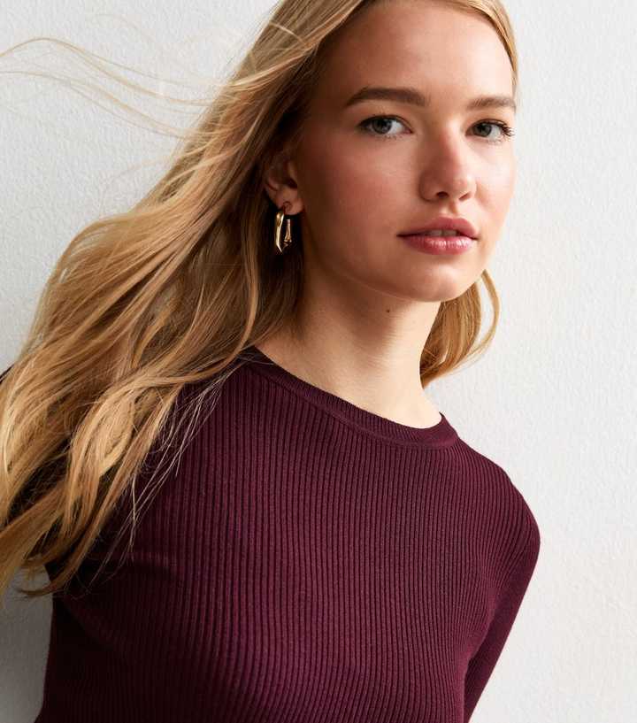 Burgundy Ribbed Crew Neck Jumper