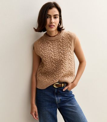Camel Cable Knit Jumper Vest | New Look