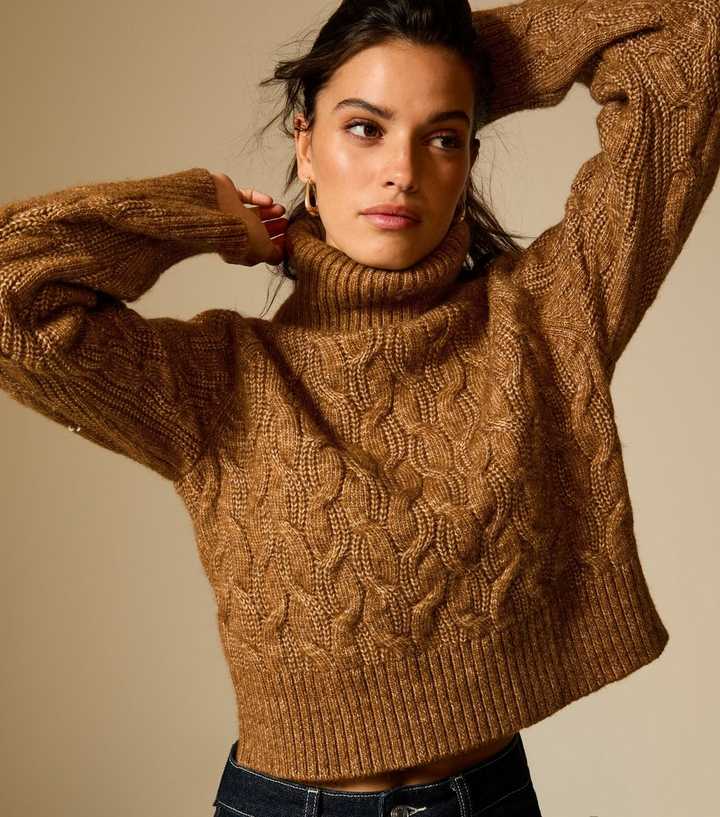 Tan Cable Knit Roll Neck Jumper