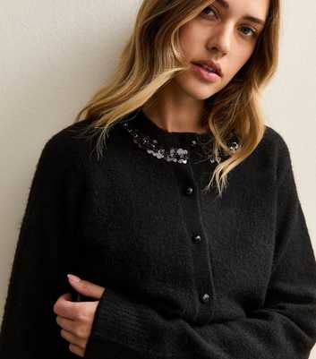 Black Sequin Neck Trim Cardigan