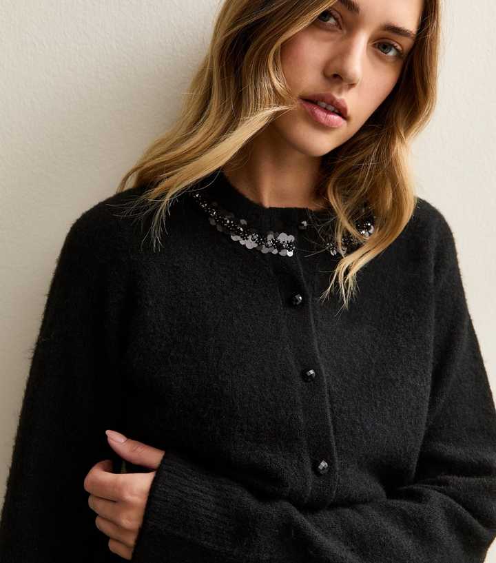 Black Sequin Neck Trim Cardigan