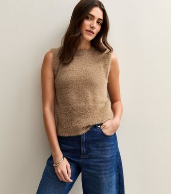 Camel Fluffy Knit Tank Top | New Look