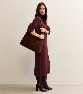 Burgundy High Neck Back Slit Midi Jumper Dress