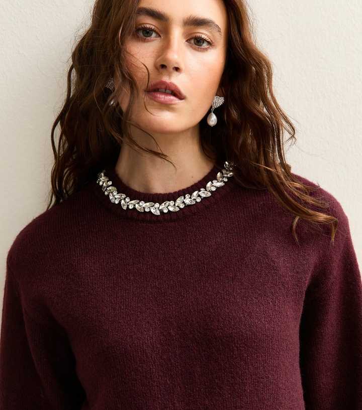 Burgundy Embellished Necklace Jumper