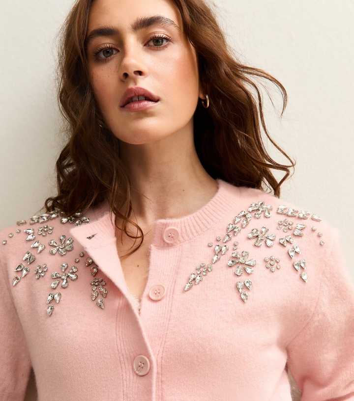 Pink Diamante Floral Embellished Crew Neck Cardigan