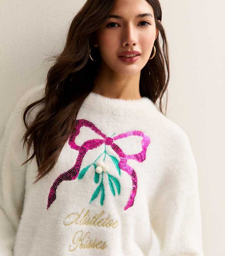 White Fluffy Embroidered Mistletoe Motif Jumper