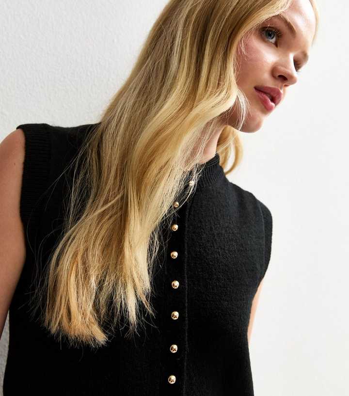 Black Crew Neck Contrast Button Knit Waistcoat