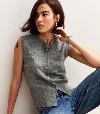 Grey Crew Neck Contrast Button Knit Waistcoat | New Look