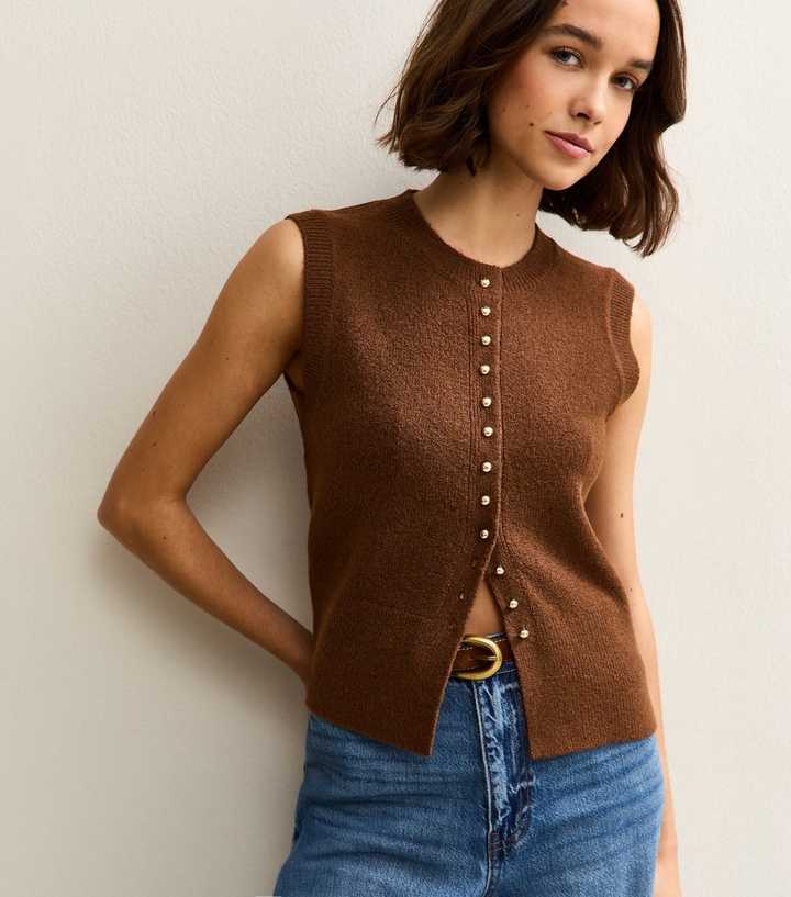 Dark Brown Crew Neck Contrast Button Knit Waistcoat