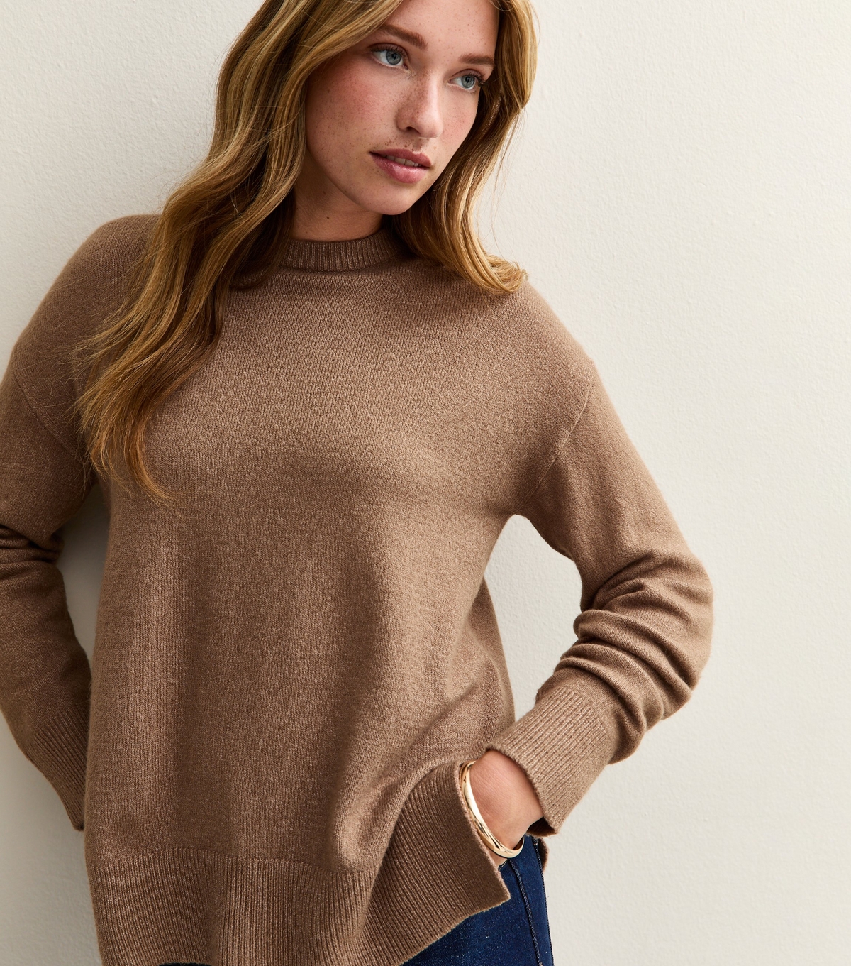 Women's Camel Knitted Side Split Jumper New Look