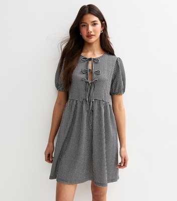 Black Gingham Check Tie Front Mini Dress
