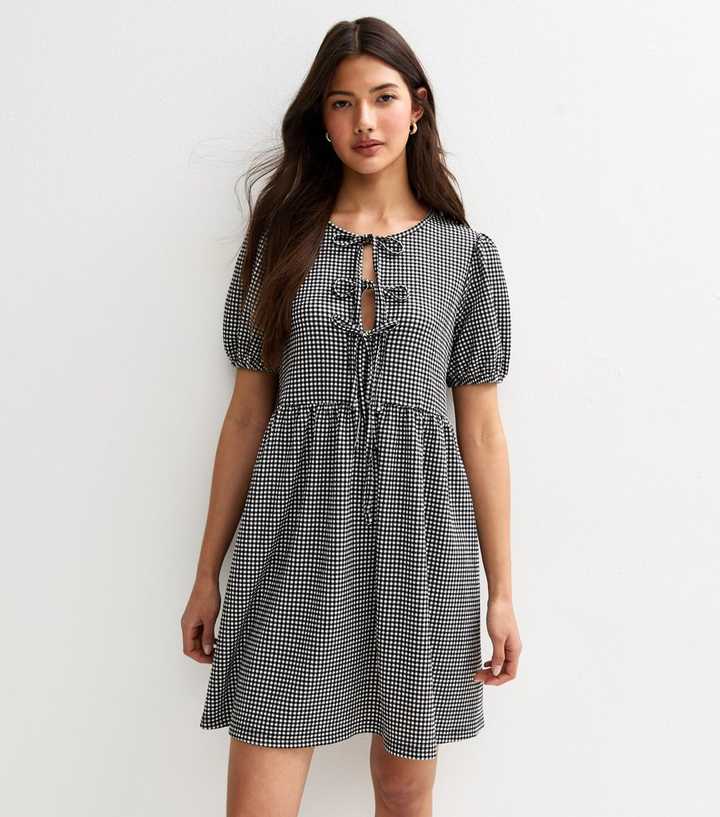 Black Gingham Check Tie Front Mini Dress
