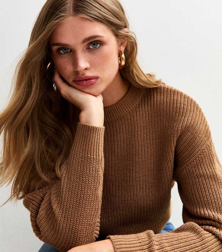 Camel Ribbed Crew Neck Knit Jumper