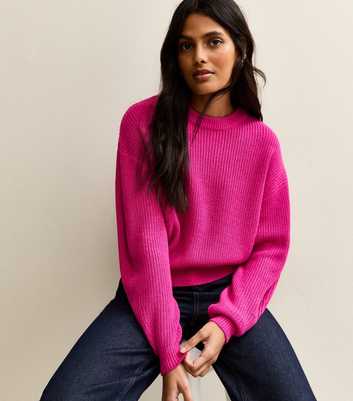 Hot Pink Ribbed Crew Neck Knit Jumper