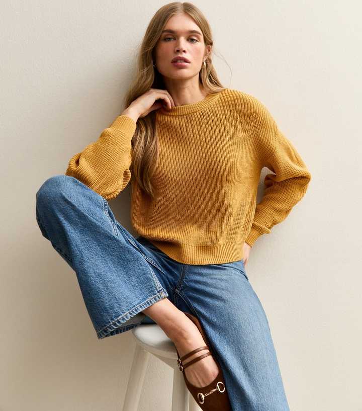 Dark Yellow Ribbed Crew Neck Knit Jumper