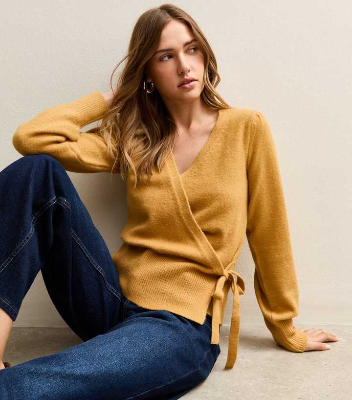 Dark Yellow Puff Sleeve Wrap Jumper
