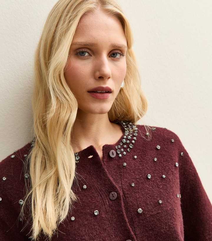 Dark Burgundy Diamanté Embellished Cardigan