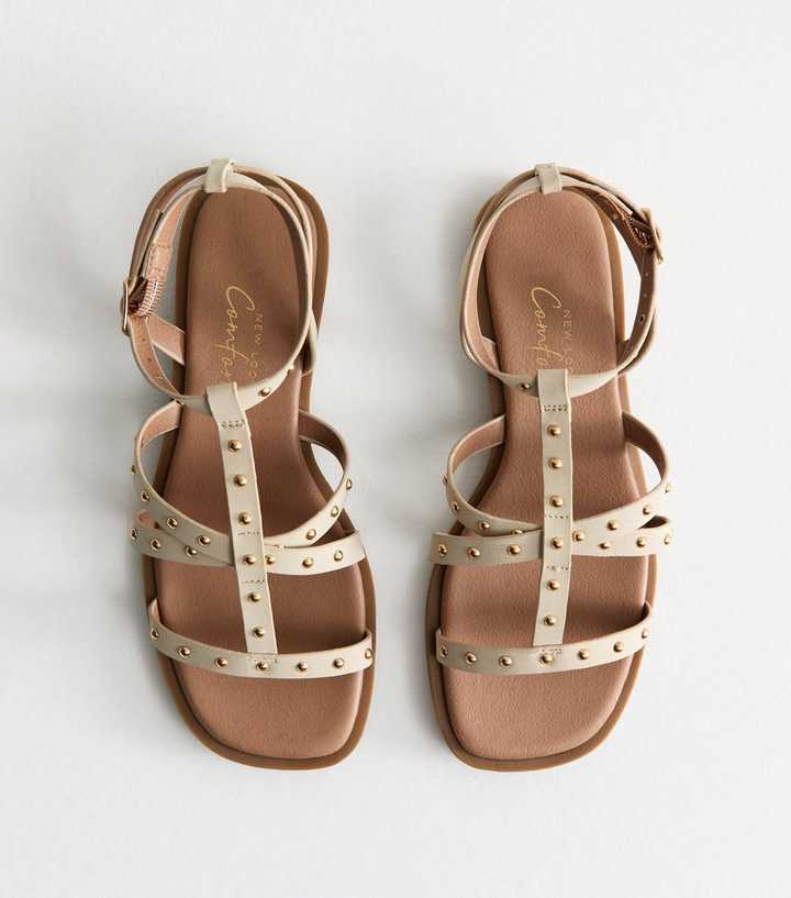 Wide Fit White Faux Leather Studded Sandals.