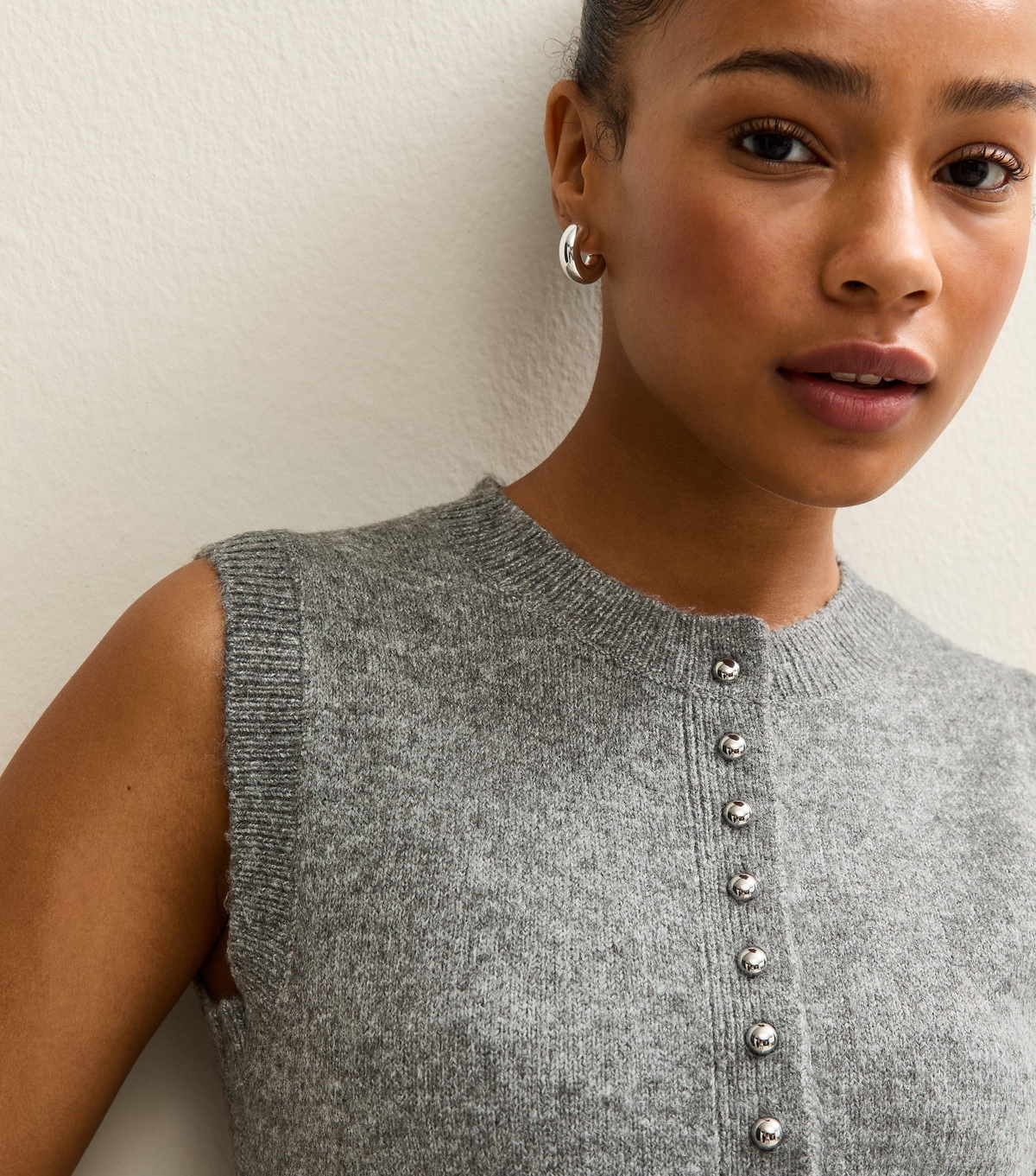 Women's Petite Grey Button Up Knit Waistcoat New Look