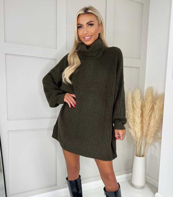 AX Paris Khaki Ribbed Knit Roll Neck Mini Dress | New Look