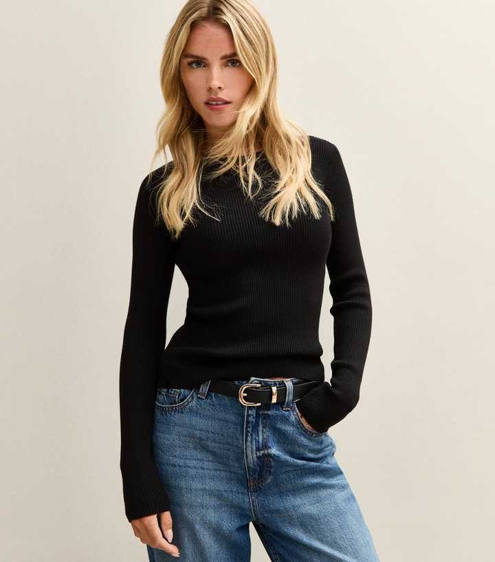 Petite Black Ribbed Knit Crew Neck Jumper