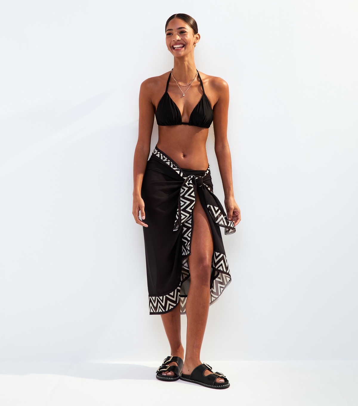 Women's Black Zig Zag trim Sarong Beach Skirt New Look
