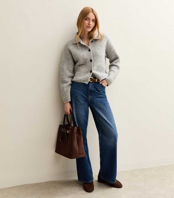 Grey Knit Collared Button Through Cardigan