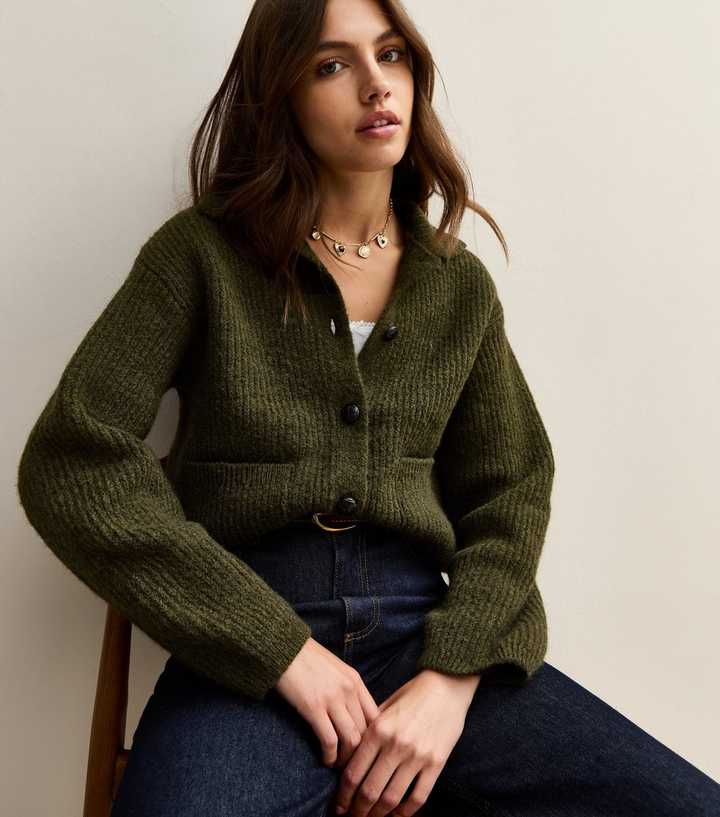 Khaki Ribbed Knit Collared Button Through Cardigan