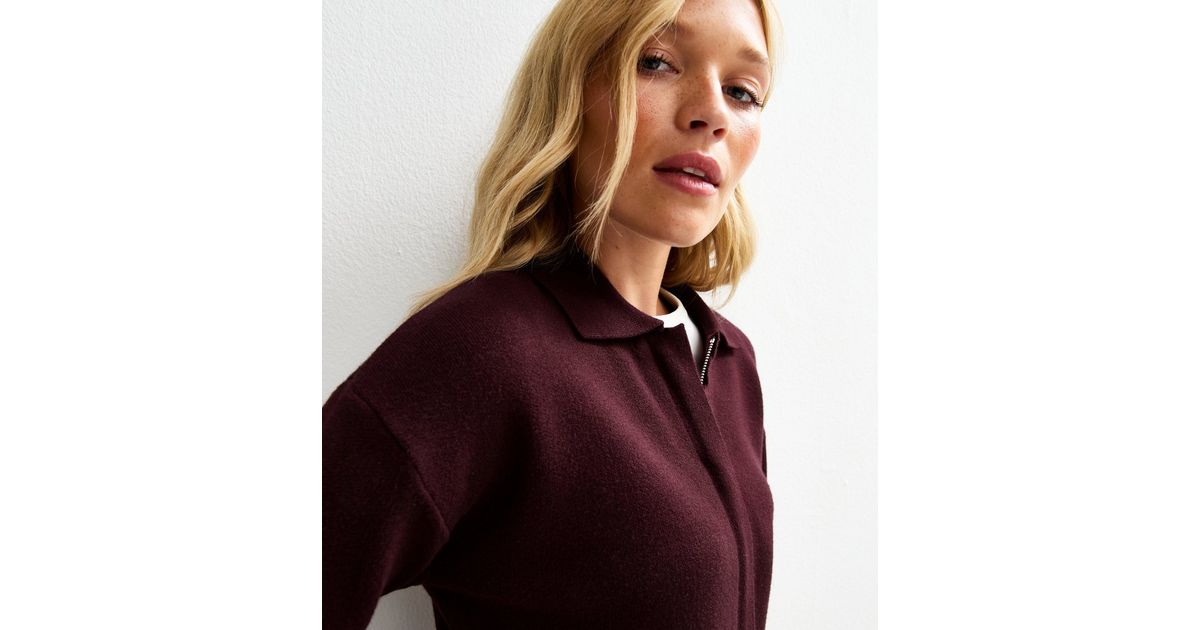 Burgundy Compact Knit Zip Through Cardigan | New Look