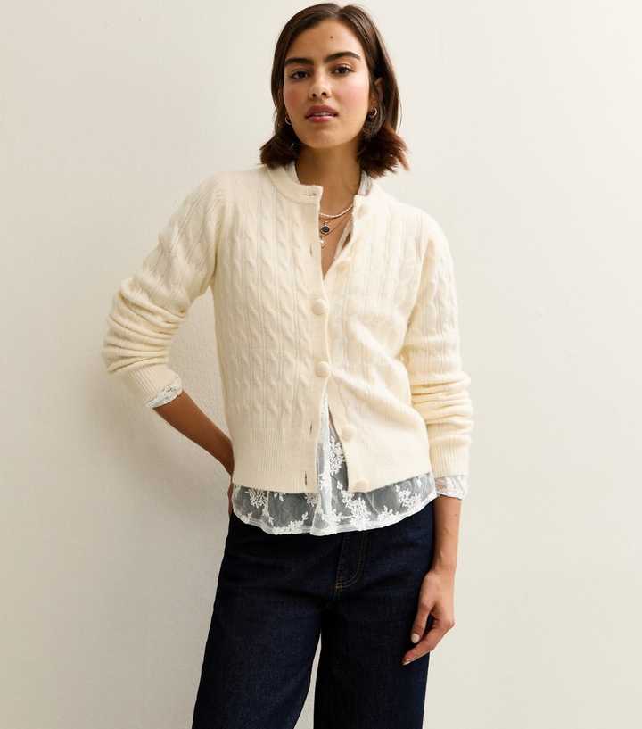 Cream Cable Knit Crew Neck Cardigan