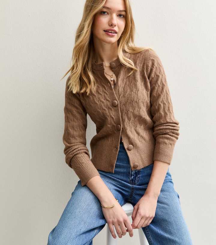 Camel Cable Knit Crew Neck Cardigan