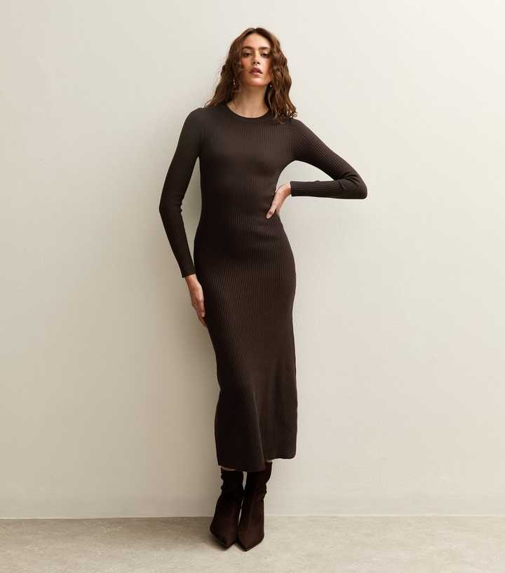Dark Brown A-Line Knitted Midi Dress | New Look