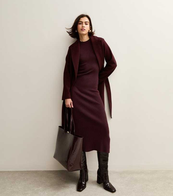 Dark Burgundy A-Line Knitted Midi Dress