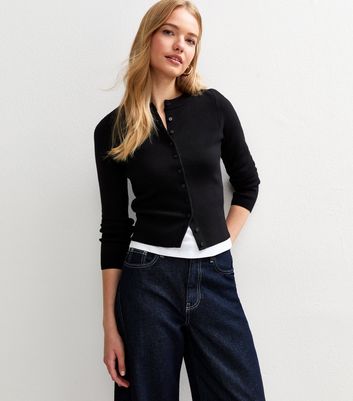 Black Compact Knit Crew Neck Cardigan