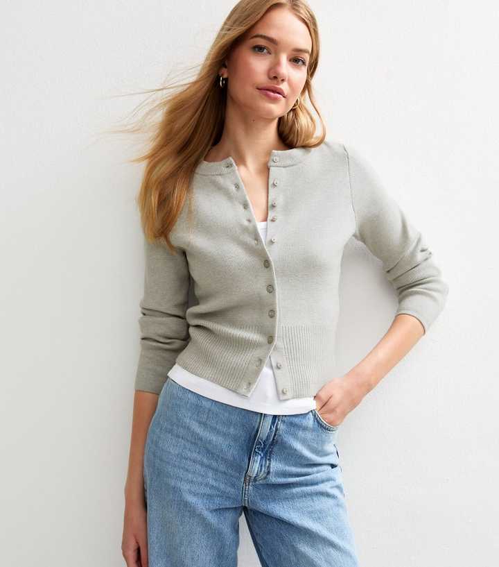 Grey Compact Knit Crew Neck Cardigan