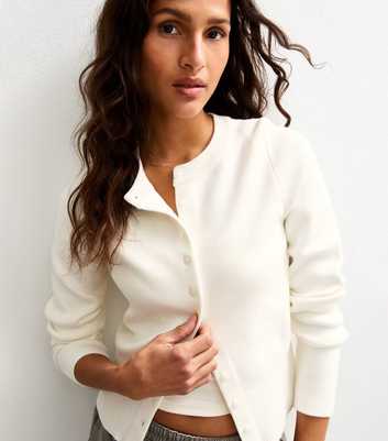 Off White Compact Knit Crew Neck Cardigan