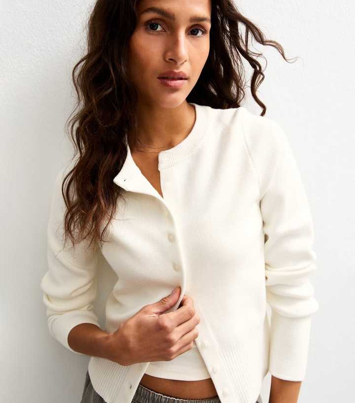 Off White Compact Knit Crew Neck Cardigan