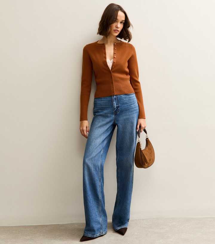 Tan Compact Knit Crew Neck Cardigan