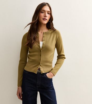 Light Khaki Compact Knit Crew Neck Cardigan | New Look