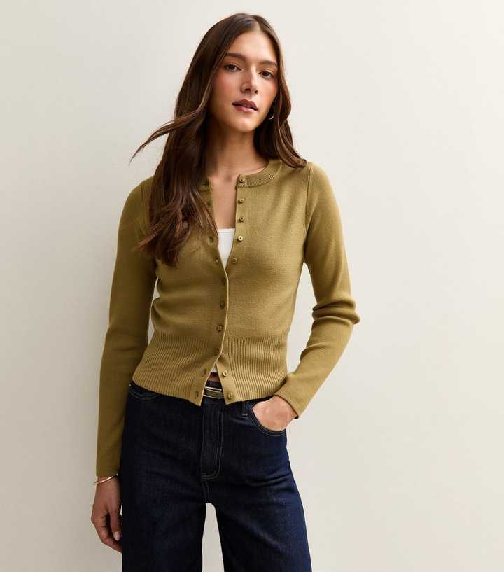 Light Khaki Compact Knit Crew Neck Cardigan