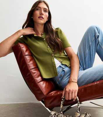Green Short Sleeve Crew Neck Cardigan