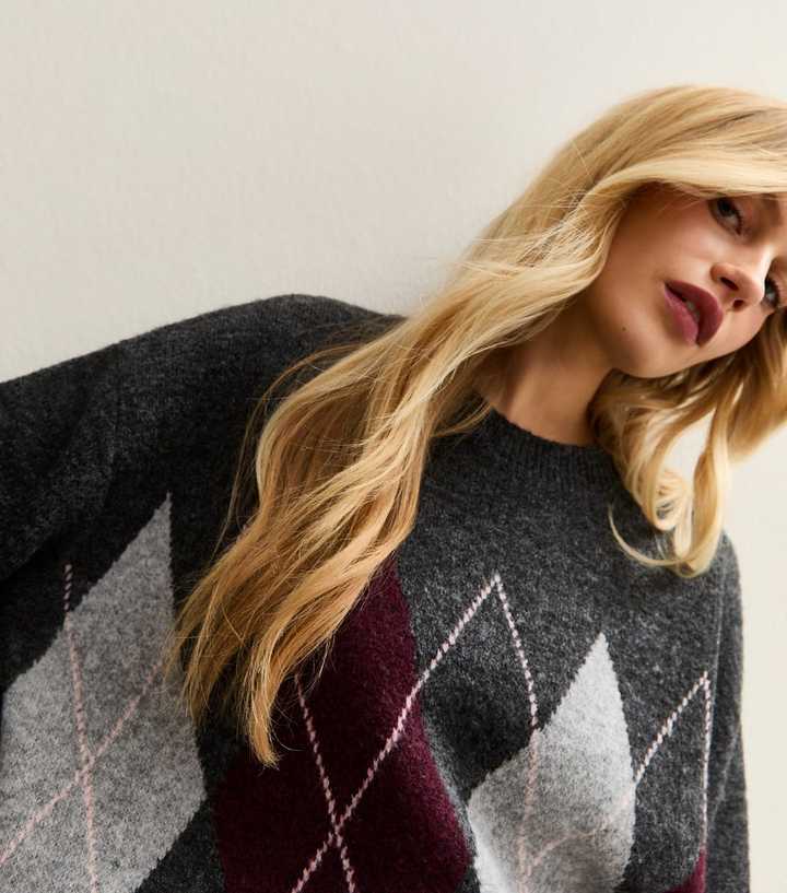 Dark Grey Argyle Knit Oversized Jumper