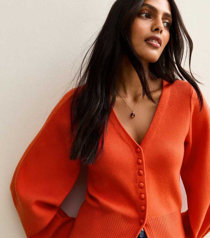 Bright Orange Compact Knit V-Neck Cardigan