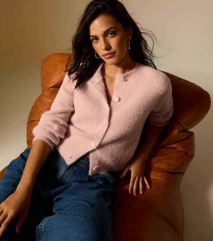 Pink Fluffy Texture Crew Neck Cardigan