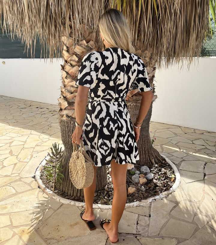 ax paris skater dresses AX Paris Black Abstract Print Wrap Front Mini Skater Dress